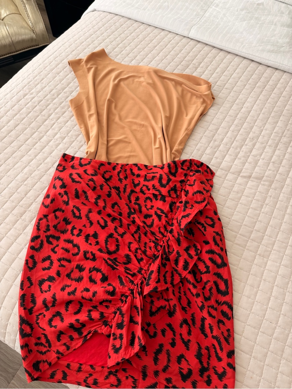 A.L.C. Red and Black Leopard-Print Asymmetrical Ruffle Skirt